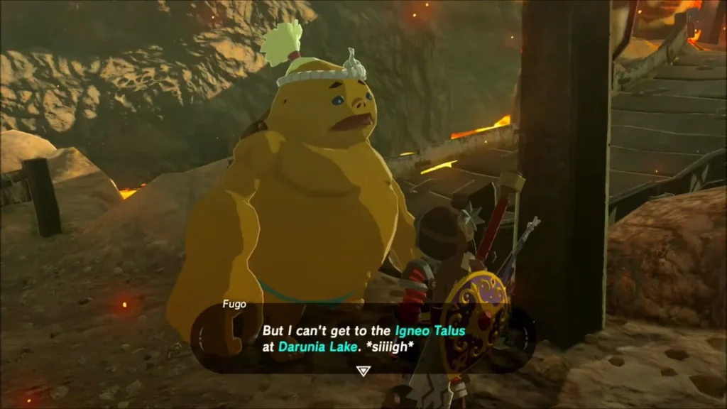 Fugo asking Link for help reaching the Igneo Talus at Darunia Lake Fugo asking Link for help reaching the Igneo Talus at Darunia Lake