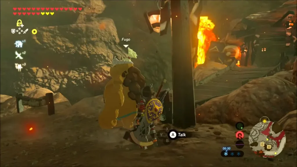 Link about to talk to Fugo beside a post in Goron City Link about to talk to Fugo beside a post in Goron City