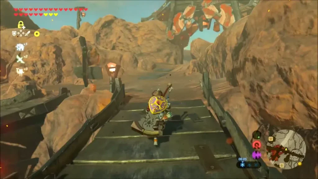 Link crossing a wooden bridge into Goron City Link crossing a wooden bridge into Goron City