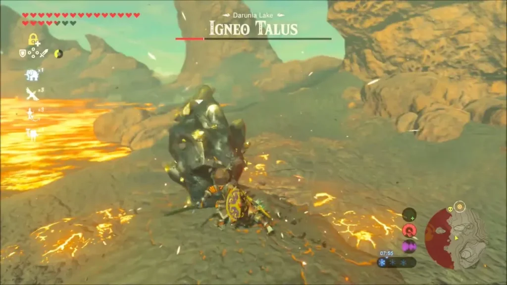 Link fighting the Igneo Talus up close on Darunia Lake shore Link fighting the Igneo Talus up close on Darunia Lake shore