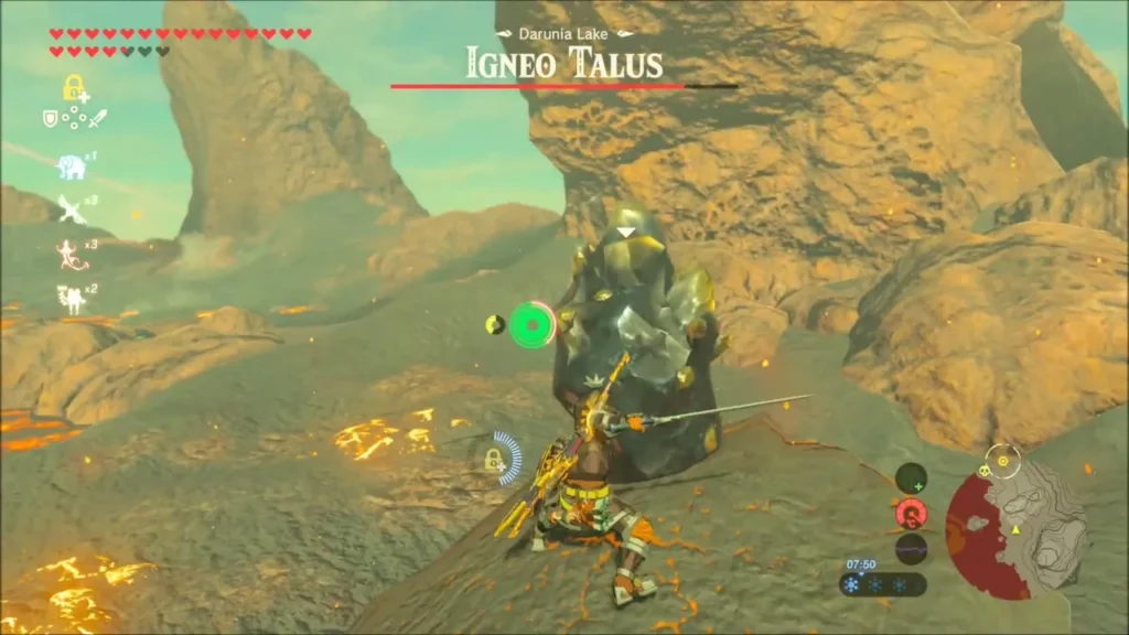 Link slashing the ore deposit on the Igneo Talus's back Link slashing the ore deposit on the Igneo Talus's back