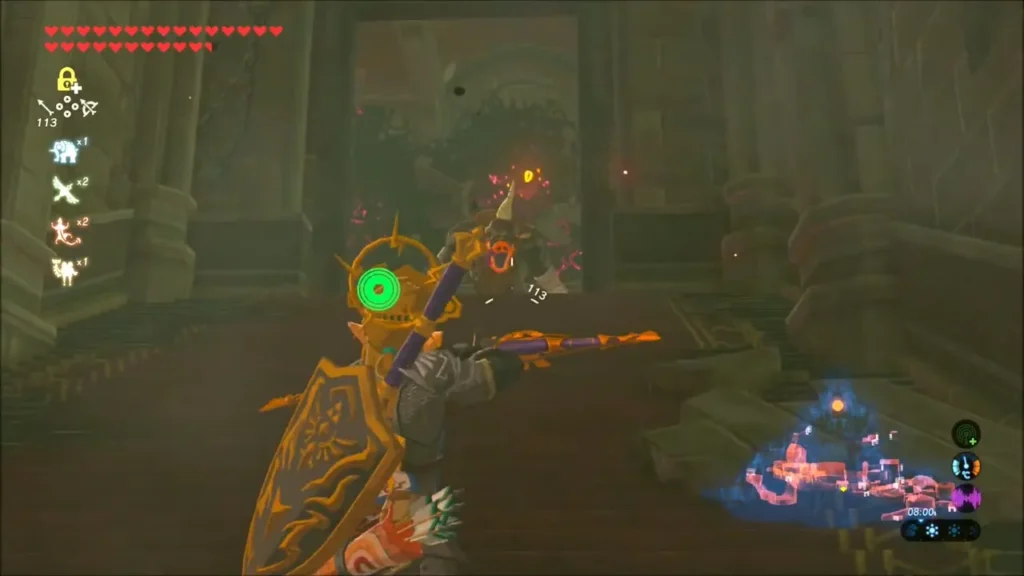 Link aiming a bow at a Moblin in a castle hall Link aiming a bow at a Moblin in a castle hall