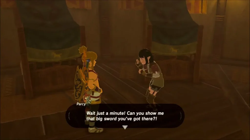 Parcy asking Link to show the big sword he carries Parcy asking Link to show the big sword he carries