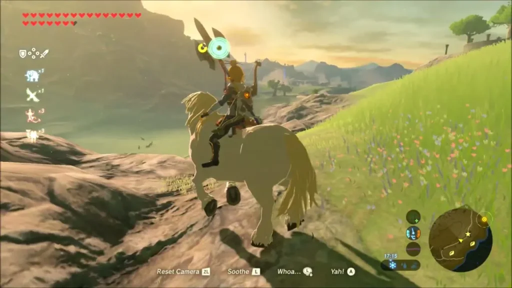 Link mounted on the pale horse on a rocky hillside Link mounted on the pale horse on a rocky hillside