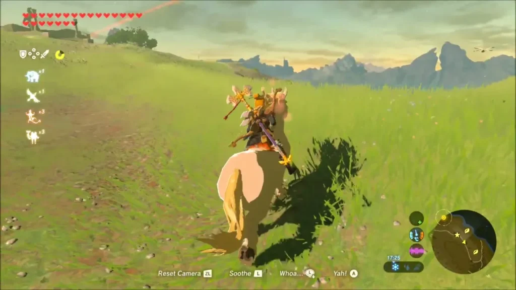 Link riding the tamed pale horse across the grassland Link riding the tamed pale horse across the grassland
