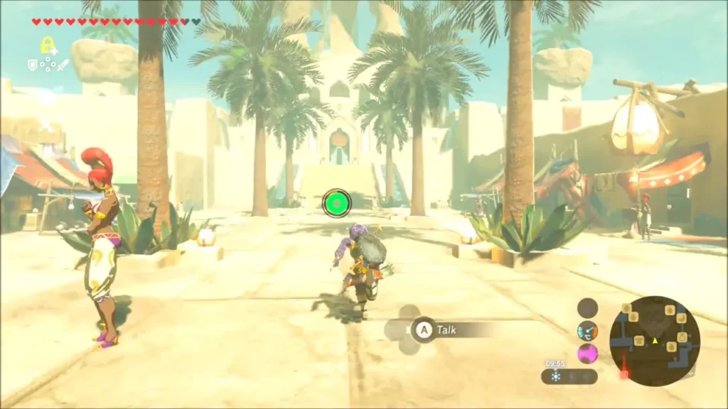 Link running through the palm-lined plaza of Gerudo Town Link running through the palm-lined plaza of Gerudo Town