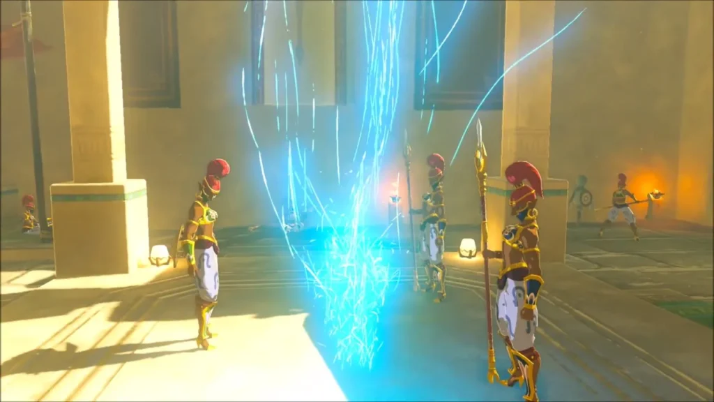 Blue warp light inside Gerudo Town as guards stand by Blue warp light inside Gerudo Town as guards stand by