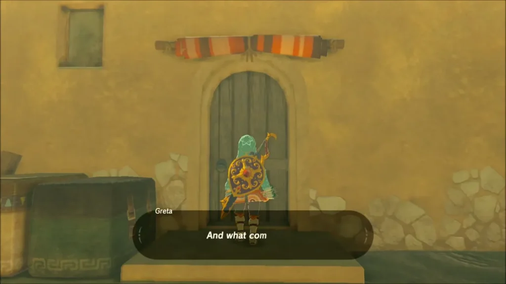 Link at the unmarked door as Greta speaks from inside Link at the unmarked door as Greta speaks from inside