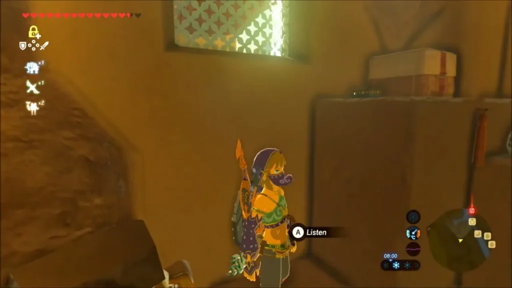Link standing by the window with the Listen prompt Link standing by the window with the Listen prompt