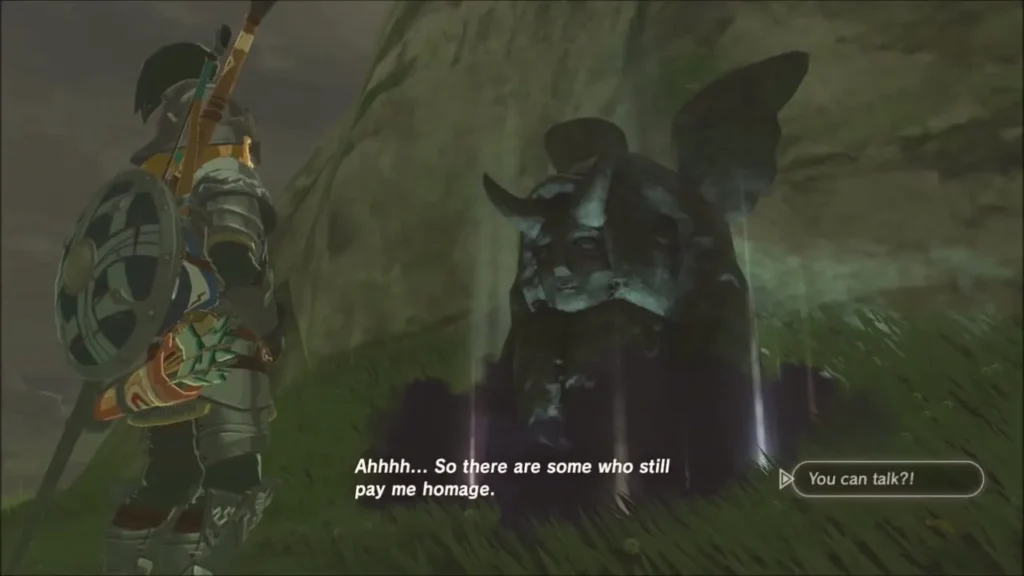 The demon statue speaking to Link as purple mist rises The demon statue speaking to Link as purple mist rises