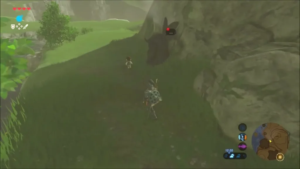 Teebo and Link approaching a dark demon statue in the hillside Teebo and Link approaching a dark demon statue in the hillside