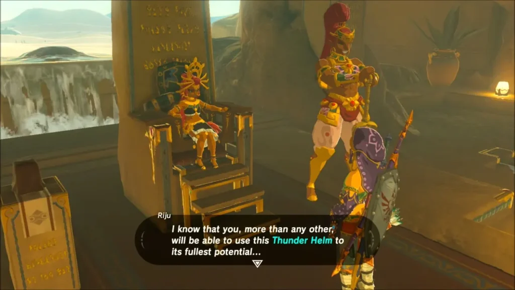 Riju offering Link the Thunder Helm in her chamber Riju offering Link the Thunder Helm in her chamber