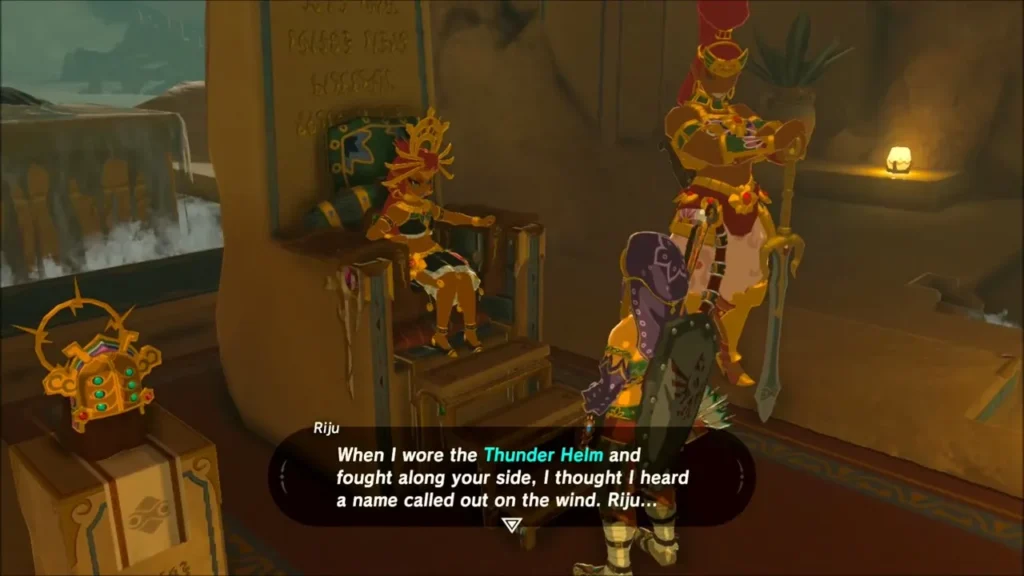 Riju on her throne beside the Thunder Helm as Link speaks with her in Gerudo Town Riju on her throne beside the Thunder Helm as Link speaks with her in Gerudo Town