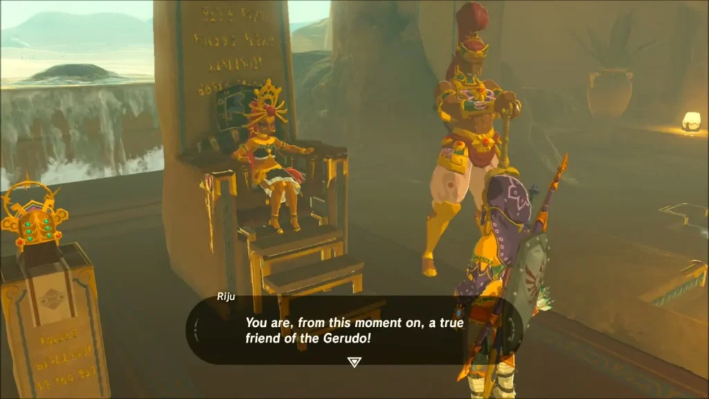 Riju on her throne thanking Link beside the Thunder Helm Riju on her throne thanking Link beside the Thunder Helm