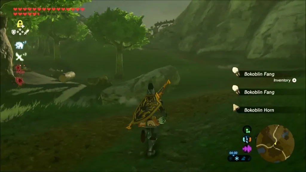 Link walking away after a Bokoblin fight with Bokoblin Fang and Horn drops Link walking away after a Bokoblin fight with Bokoblin Fang and Horn drops