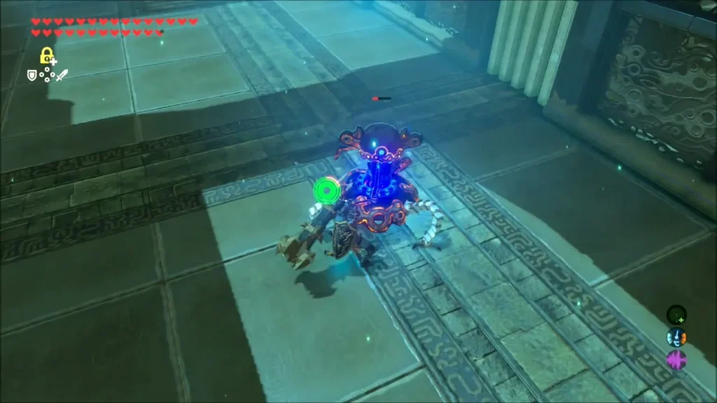 Link circling a Guardian Scout in a shrine chamber Link circling a Guardian Scout in a shrine chamber