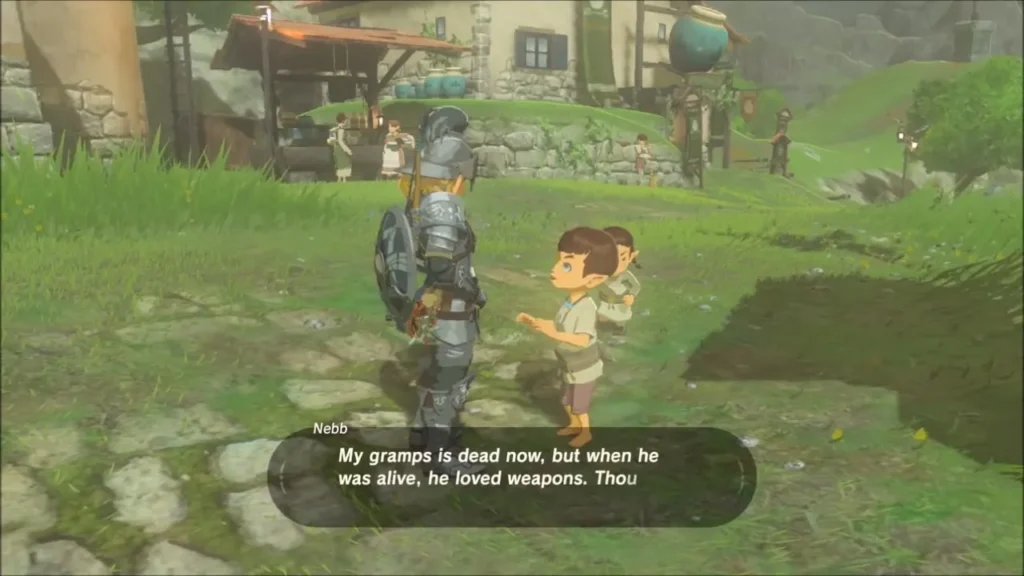 Nebb telling Link his late grandfather loved weapons in Hateno Village Nebb telling Link his late grandfather loved weapons in Hateno Village