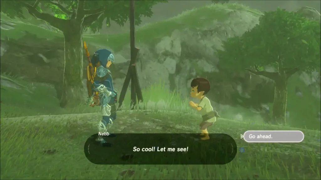 Nebb asking Link to show him a weapon Nebb asking Link to show him a weapon