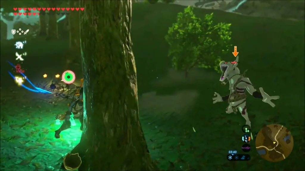 Link fighting a Stalbokoblin beside a tree at night Link fighting a Stalbokoblin beside a tree at night