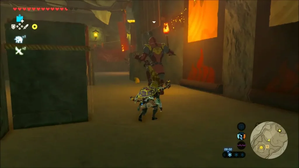 Link facing a Yiga Footsoldier in a hideout corridor Link facing a Yiga Footsoldier in a hideout corridor