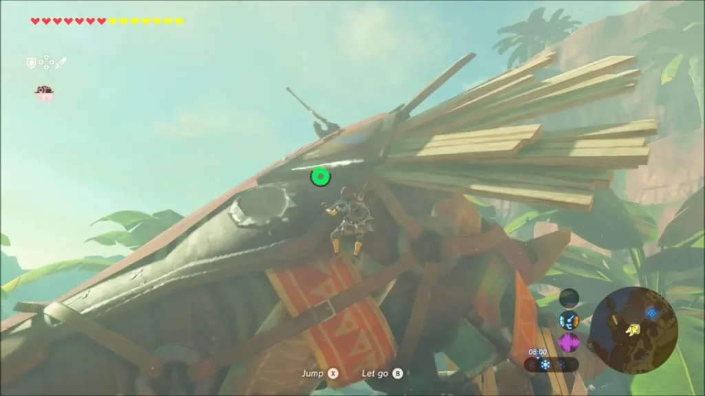 Link clinging to the wooden horse head on the stable roof Link clinging to the wooden horse head on the stable roof