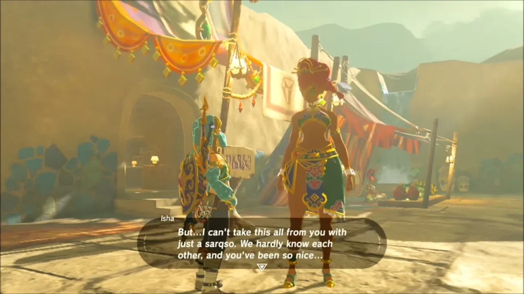 Isha thanking Link after receiving the flint in Gerudo Town Isha thanking Link after receiving the flint in Gerudo Town
