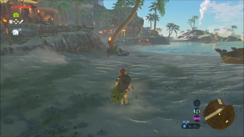 Link running along the sandy Lurelin Village shore beside the water