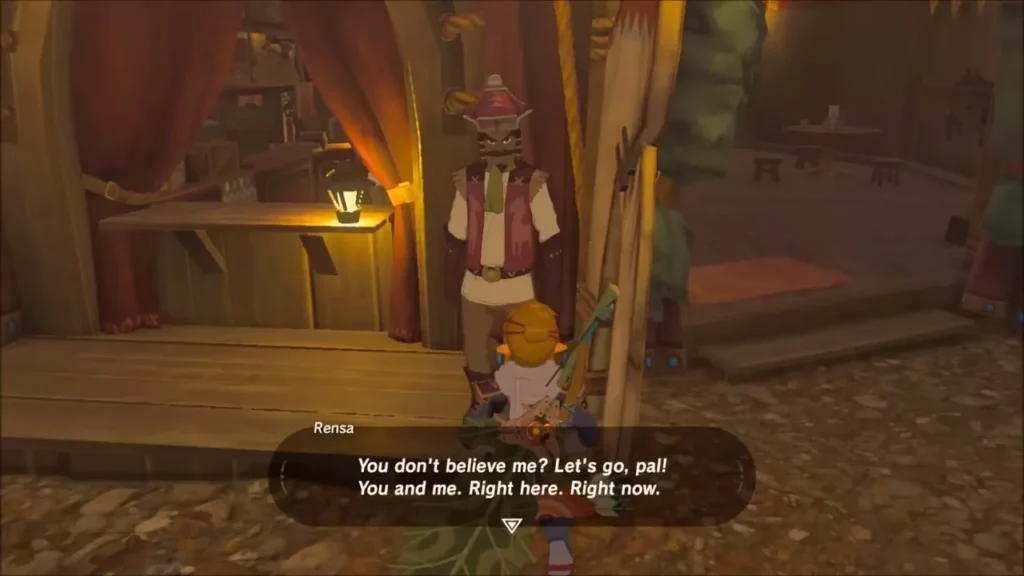 Link talking with Rensa at the stable before the horse-taming challenge Link talking with Rensa at the stable before the horse-taming challenge