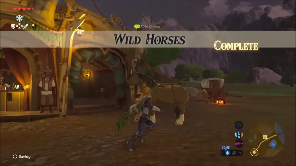 Wild Horses quest-complete banner as Link rides in by the stable Wild Horses quest-complete banner as Link rides in by the stable