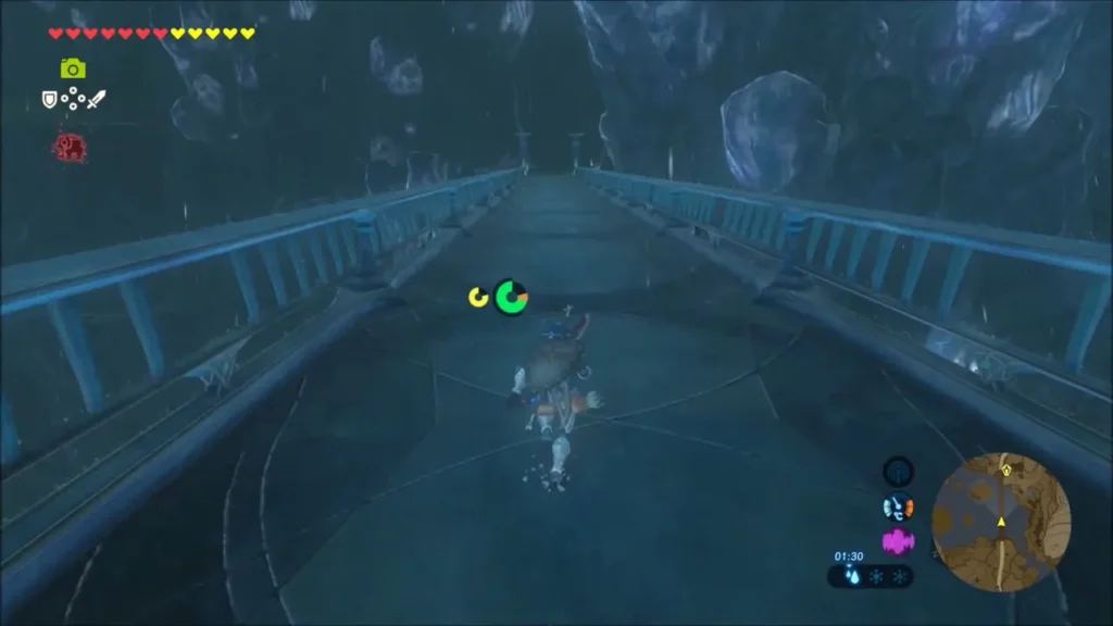 Link running across the Great Zora Bridge in the rain Link running across the Great Zora Bridge in the rain