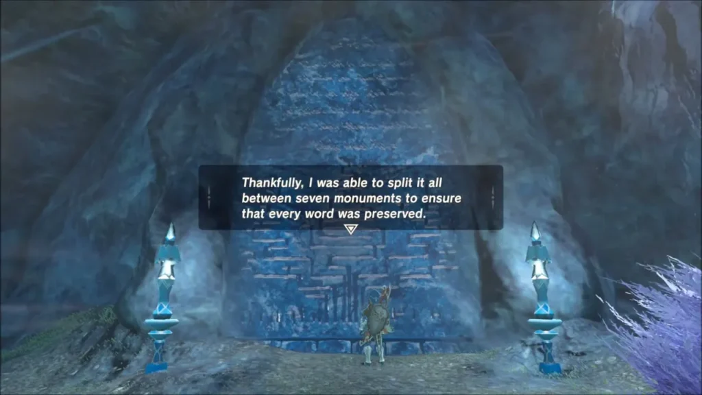 Link reading the tenth Zora stone monument between two lanterns Link reading the tenth Zora stone monument between two lanterns