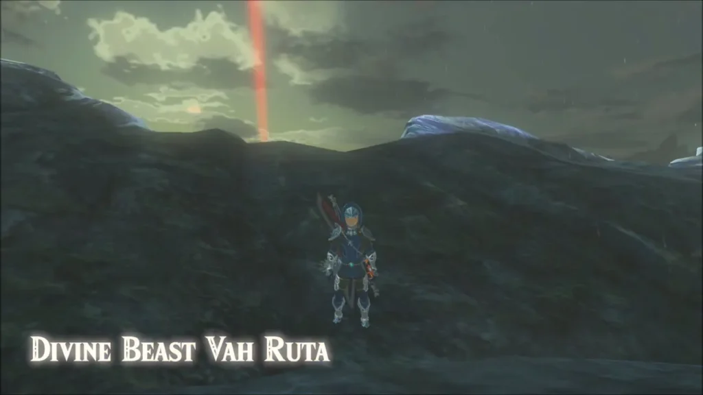 Link on the cliff above Vah Ruta with the red beam in the sky Link on the cliff above Vah Ruta with the red beam in the sky