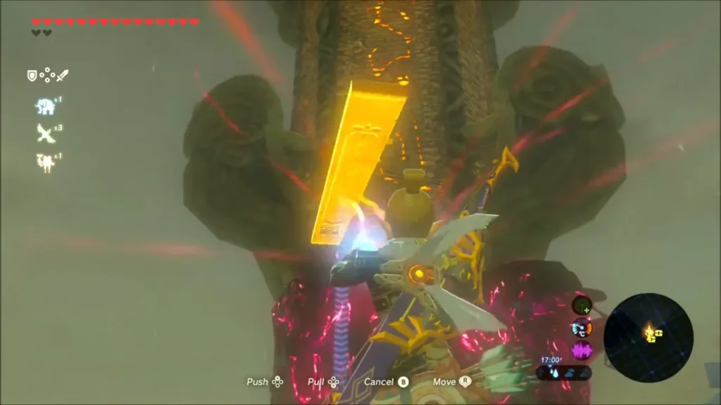 Link using Magnesis on a metal slab at the base of Akkala Tower Link using Magnesis on a metal slab at the base of Akkala Tower