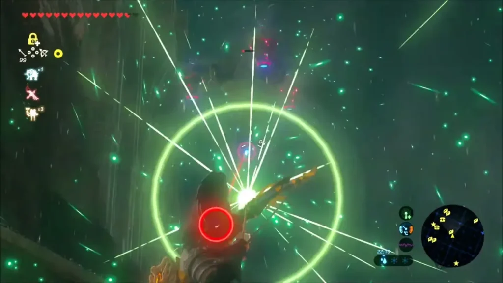 Link aiming an Ancient Arrow at a Guardian's eye Link aiming an Ancient Arrow at a Guardian's eye