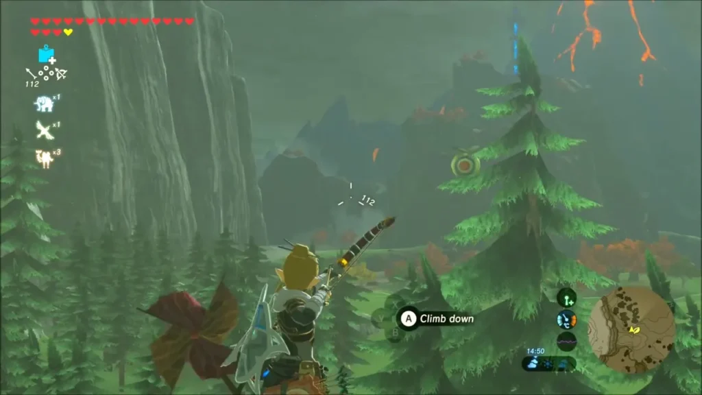 Link drawing a bow from a ledge above pines, aiming at a floating target Link drawing a bow from a ledge above pines, aiming at a floating target