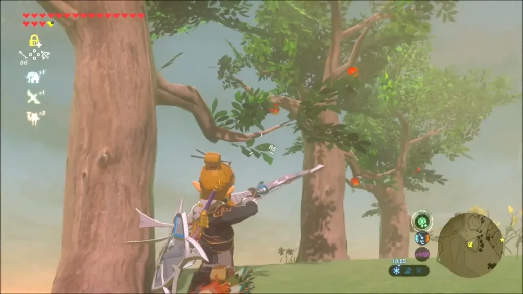 Link shooting an arrow into the apple trees at the water's edge Link shooting an arrow into the apple trees at the water's edge