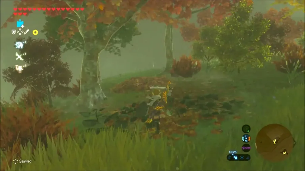 Link searching a thicket among red and gold autumn trees Link searching a thicket among red and gold autumn trees