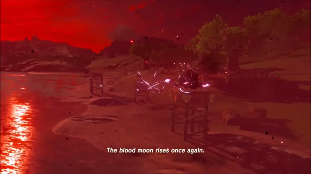 The Blood Moon rises over the shore with red sky The Blood Moon rises over the shore with red sky