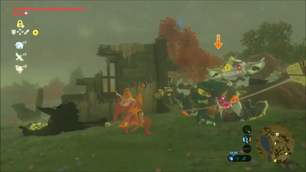Link in fire-lit combat against Bokoblins at a wooden camp Link in fire-lit combat against Bokoblins at a wooden camp