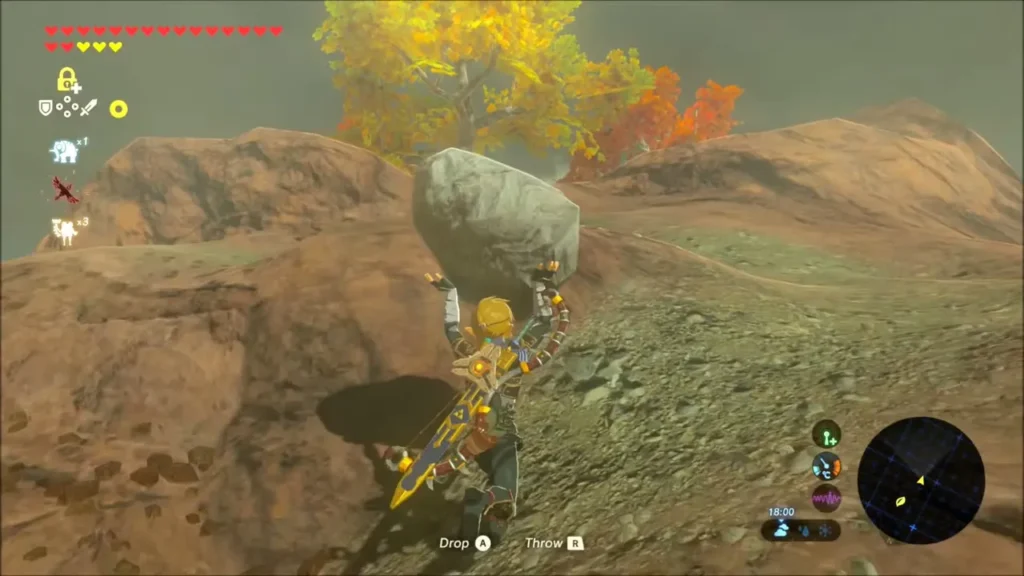 Link carrying a loose rock across an autumn hillside Link carrying a loose rock across an autumn hillside