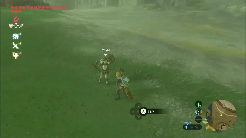 Chabi the traveller standing in the rain on open grass as Link approaches to talk Chabi the traveller standing in the rain on open grass as Link approaches to talk
