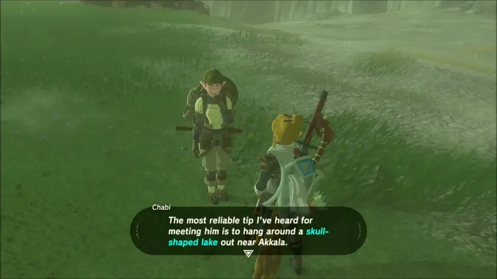 Chabi suggesting Link look around the skull-shaped lake near Akkala Chabi suggesting Link look around the skull-shaped lake near Akkala