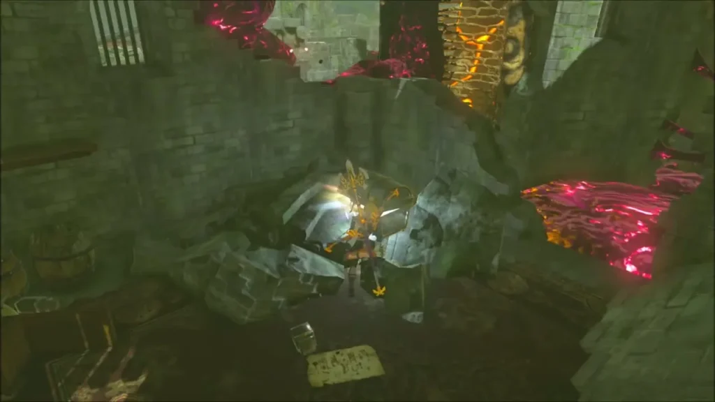 A chest half buried in rubble beside malice in the citadel A chest half buried in rubble beside malice in the citadel