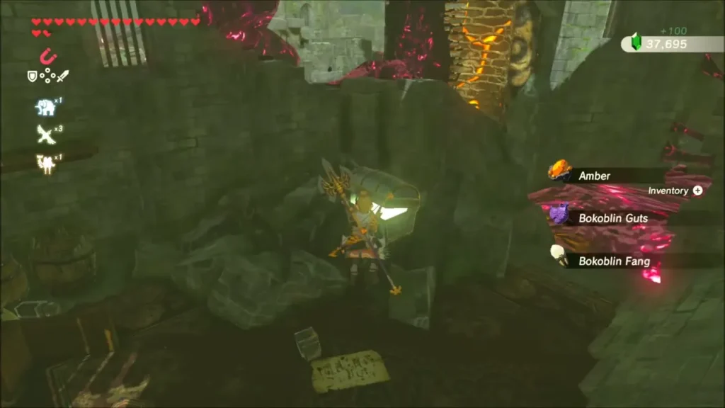 Link opening the rubble chest and receiving 100 rupees Link opening the rubble chest and receiving 100 rupees