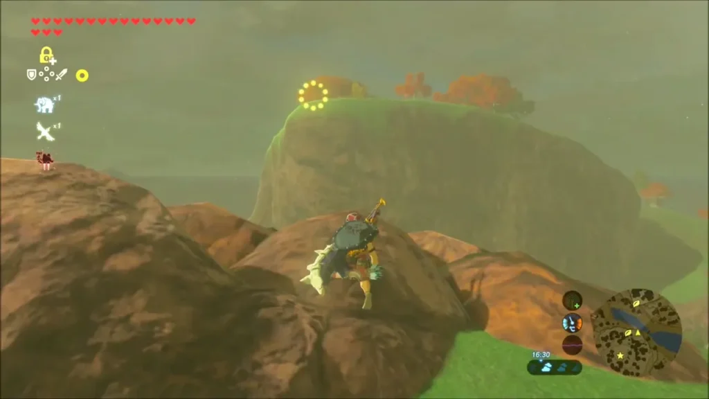 Link climbing rocks toward a hilltop marked by a ring of golden sparkles Link climbing rocks toward a hilltop marked by a ring of golden sparkles