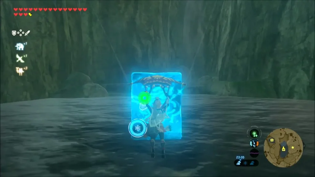 Link rising on a Cryonis ice block in the dark grotto pool Link rising on a Cryonis ice block in the dark grotto pool