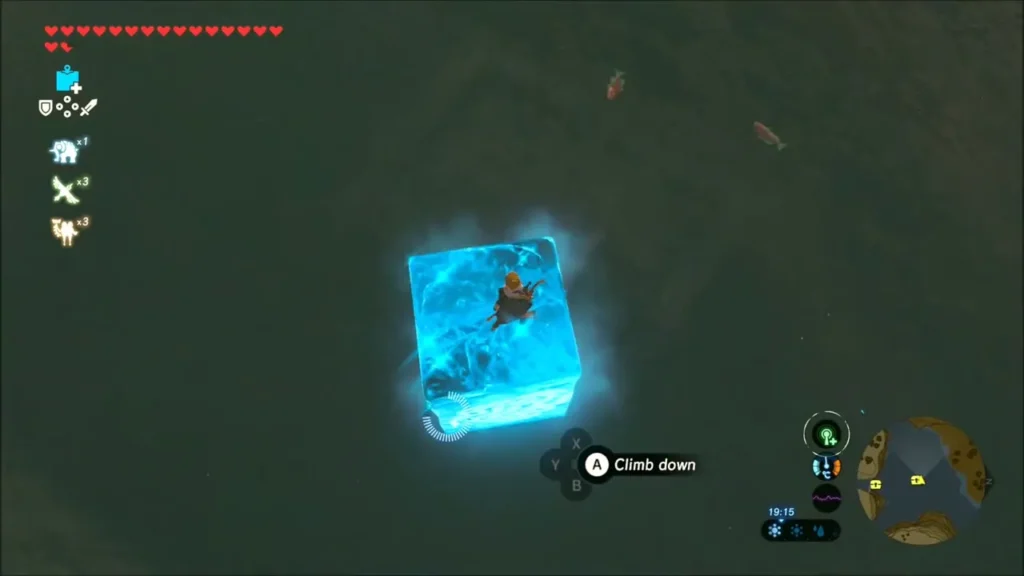 Link standing on a Cryonis ice block floating on Lake Akkala Link standing on a Cryonis ice block floating on Lake Akkala