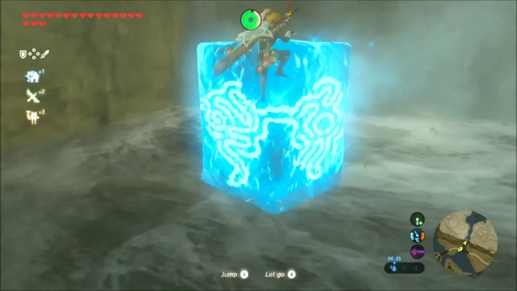 Link atop a Cryonis ice block in the waterfall pool Link atop a Cryonis ice block in the waterfall pool