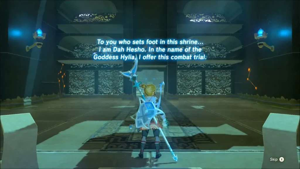 The monk offering a combat trial as Link stands on the shrine floor The monk offering a combat trial as Link stands on the shrine floor