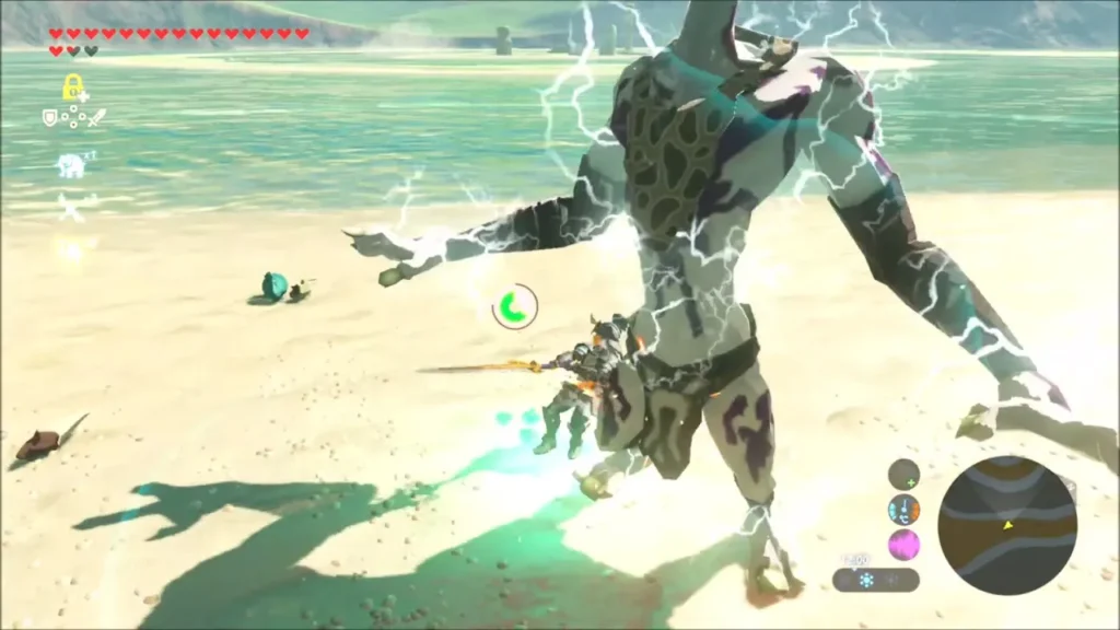 Link fighting an electrified Lizalfos on the beach with the orb set down Link fighting an electrified Lizalfos on the beach with the orb set down